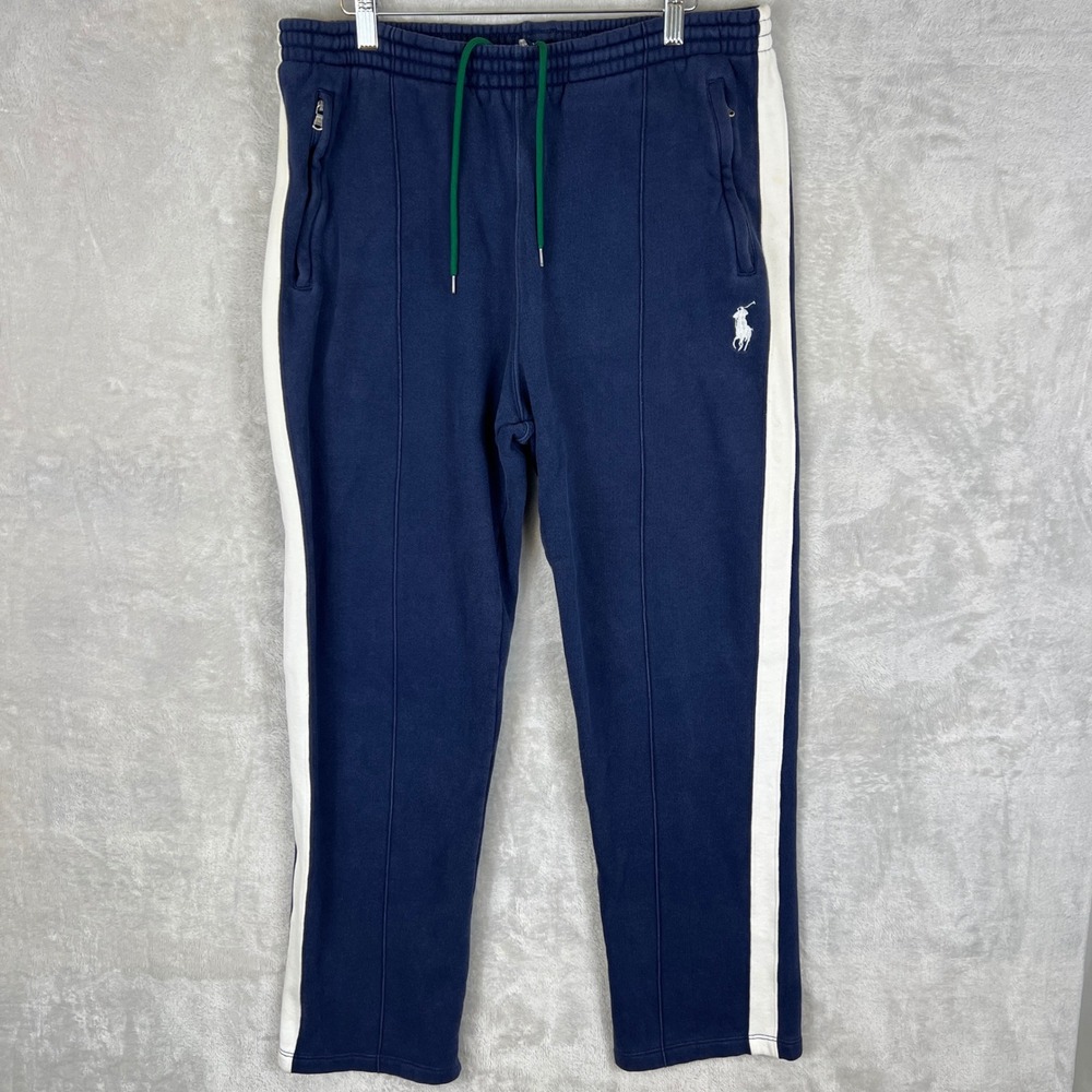Vintage Y2K Polo Ralph Lauren Navy White Stripe Track Pants Zip Pockets Fleece L